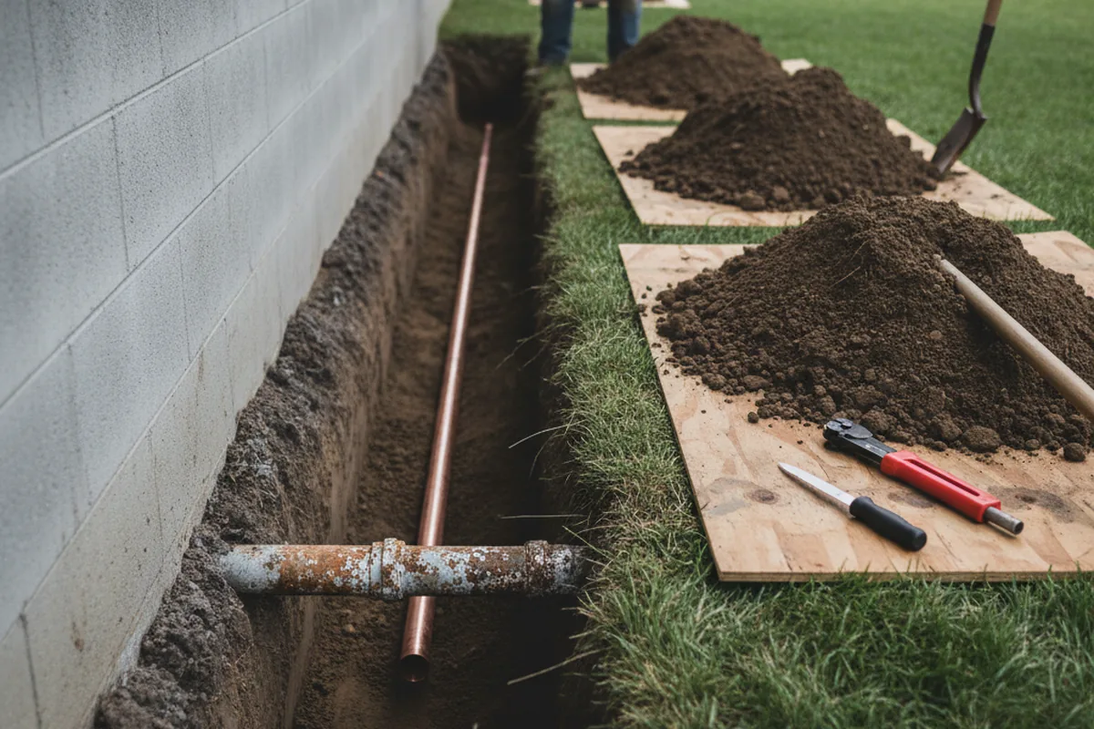 Excavated water line trench during Water Softener Installation in Girard